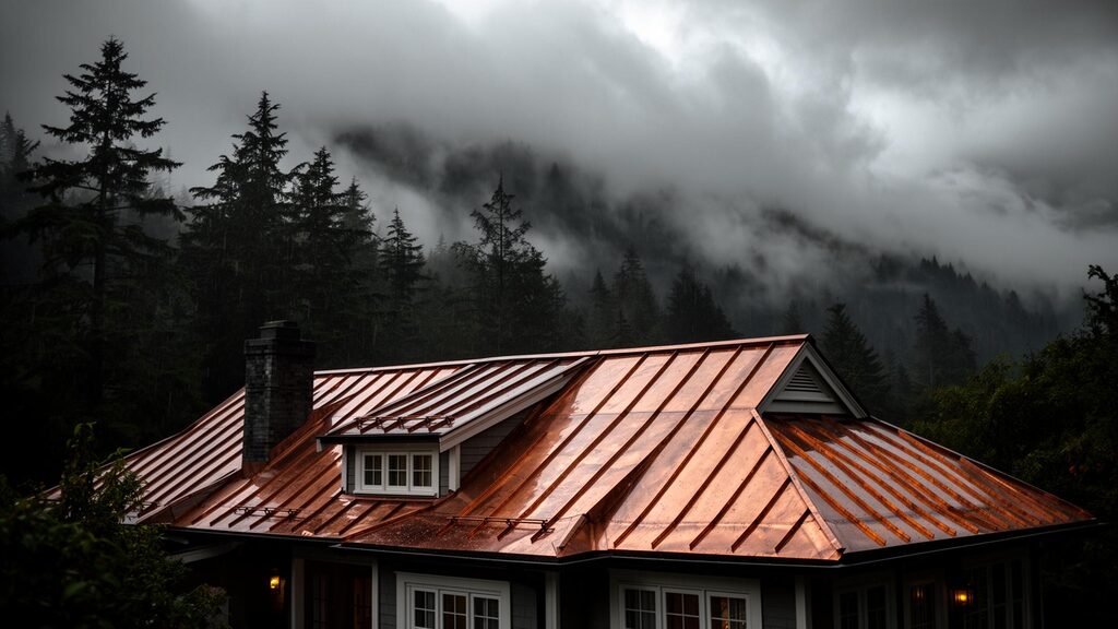 Wet copper standing-seam roof on a Pacific Northwest home with low storm clouds rolling over coastal cedars