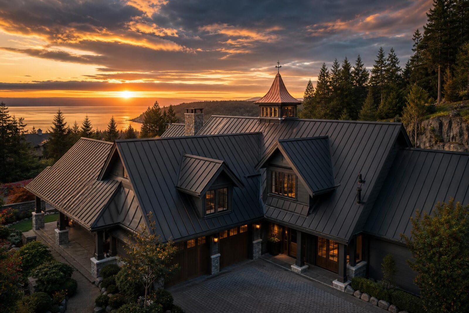 Aerial view of a Vancouver luxury estate with a dark anthracite zinc standing seam roof and patinated copper cupola at golden hour