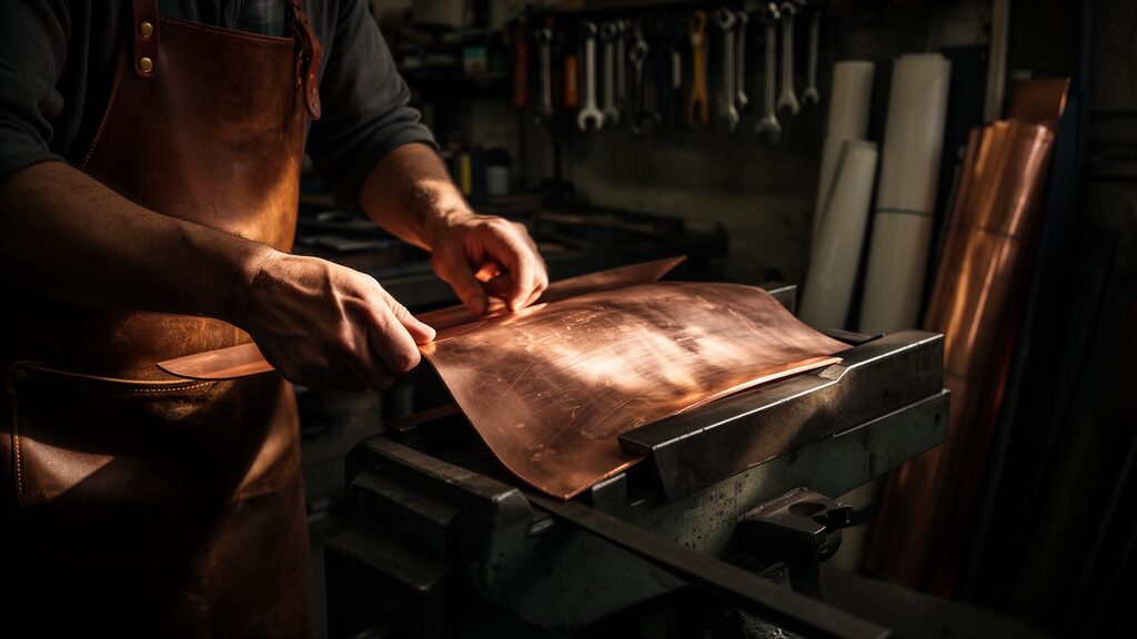 Craftsman hand-forming a sheet of copper at the brake in the ZS Enterprises Burnaby workshop