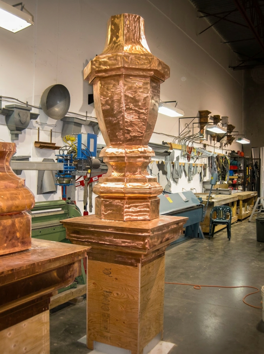 Solid copper finial hand-raised and soldered on a workbench in the ZS Enterprises Burnaby shop