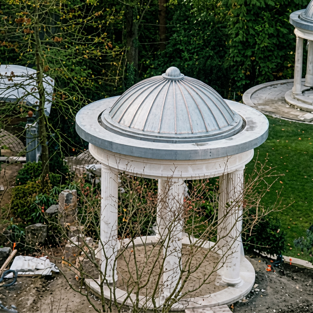 Classical garden cupola with hand-formed metal dome roof and ribbed seams