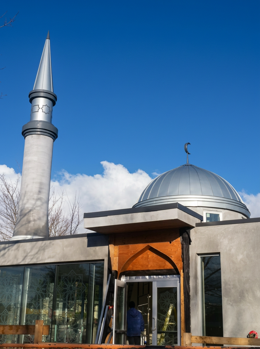 Ribbed zinc-clad mosque dome and tapered minaret against a deep blue sky
