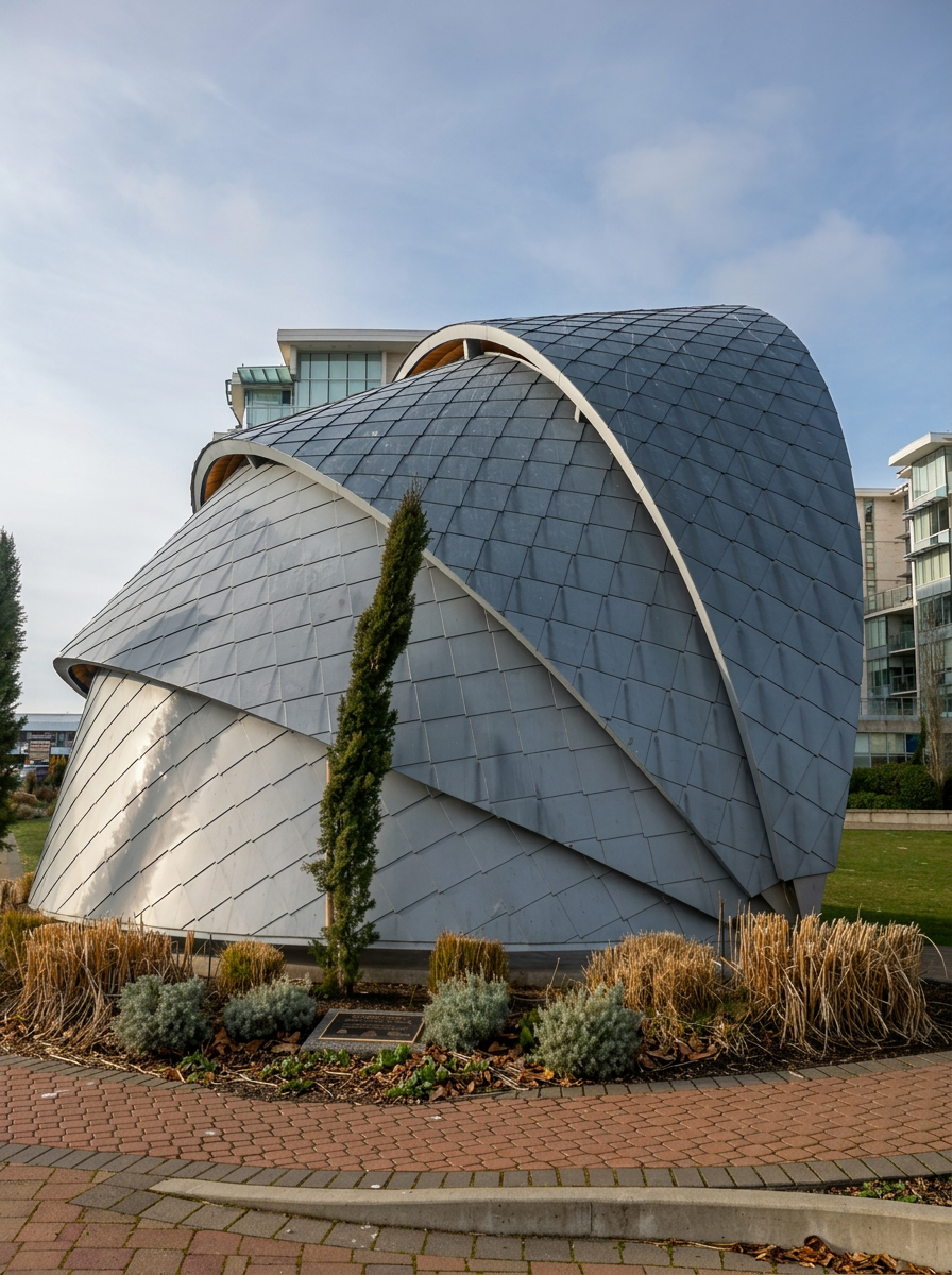 Sculptural pavilion in Richmond clad in thousands of diamond-pattern slate-grey zinc shingles