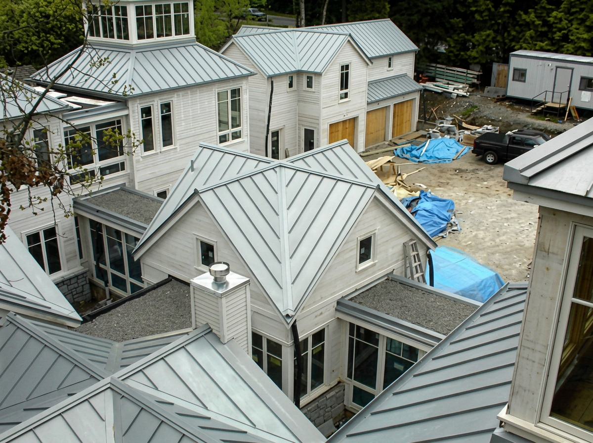 Aerial view of a multi-gable West Vancouver estate clad in light grey standing seam metal roofing