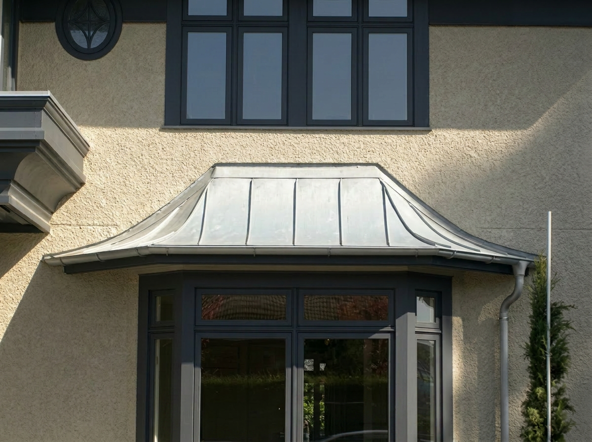 Curved zinc standing seam canopy hand-formed over a bay window entrance in Vancouver