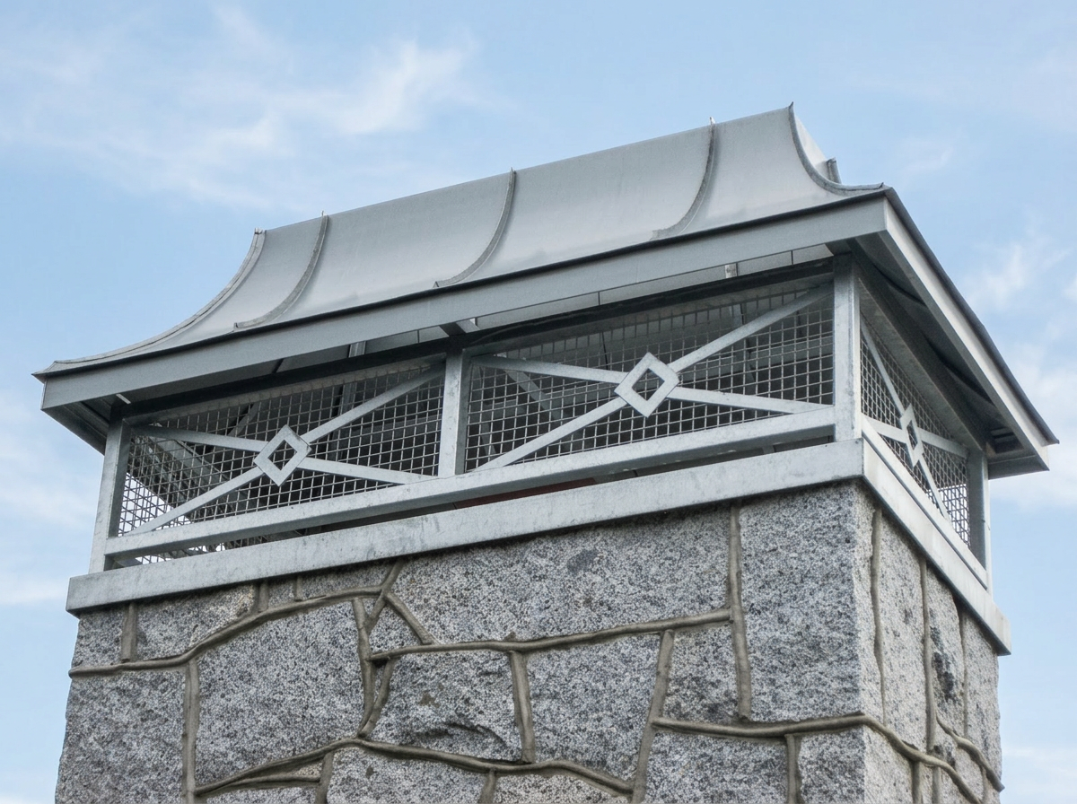 Pagoda-style curved zinc chimney cap with diamond-patterned screen panels above a granite stone chimney in West Vancouver