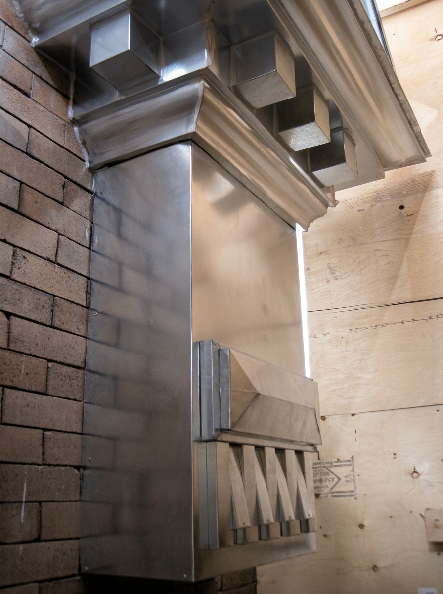 Brake-formed zinc cornice with built-up dentil moldings mocked up against a brick wall in the Burnaby shop