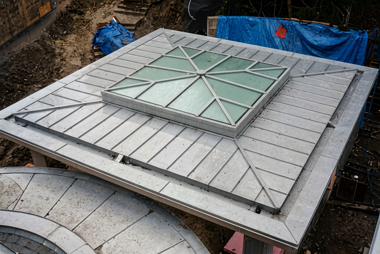 Zinc roof panel with a custom diamond-patterned skylight and radial seams converging on the frame